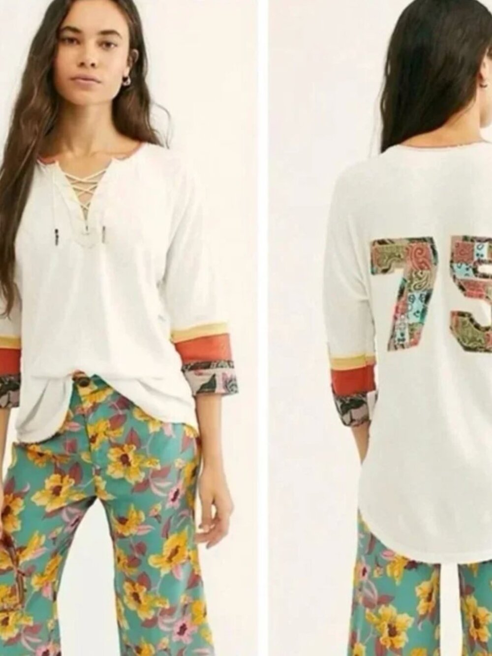 HTF Free People We The Free Blitz Patchwork 75 Lace Up Tee Boho Festival S